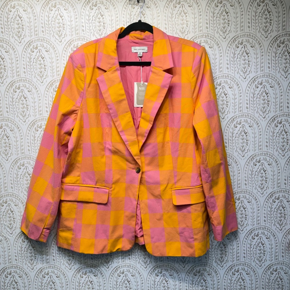 Free Assembly Blazer Womens XXL Pink Orange Gingham Plaid Single Button Jacket